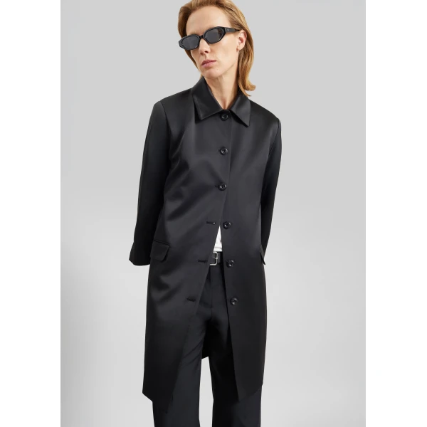 The Frankie Shop Vavin Satin Long Jacket - Black - Oversized Minimalist Jackets in Black - Shop at Luxury Shoes 