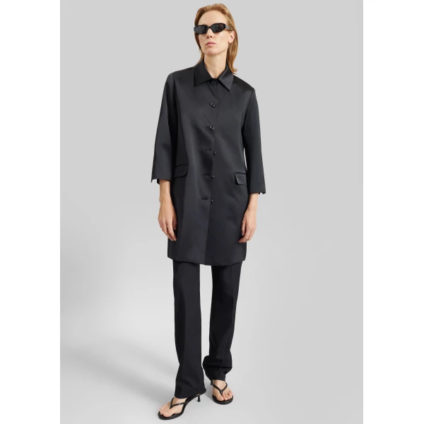 The Frankie Shop Vavin Satin Long Jacket - Black - Oversized Minimalist Jackets in Black - Shop at Luxury Shoes 