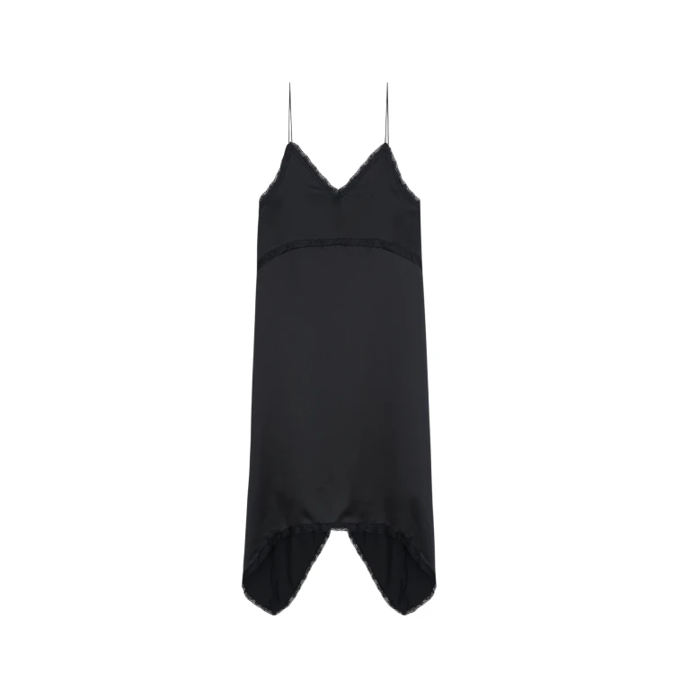 The Frankie Shop Velanne Satin Lace Trim Dress - Black - Oversized Minimalist Dresses in Black - Shop at Luxury Shoes 