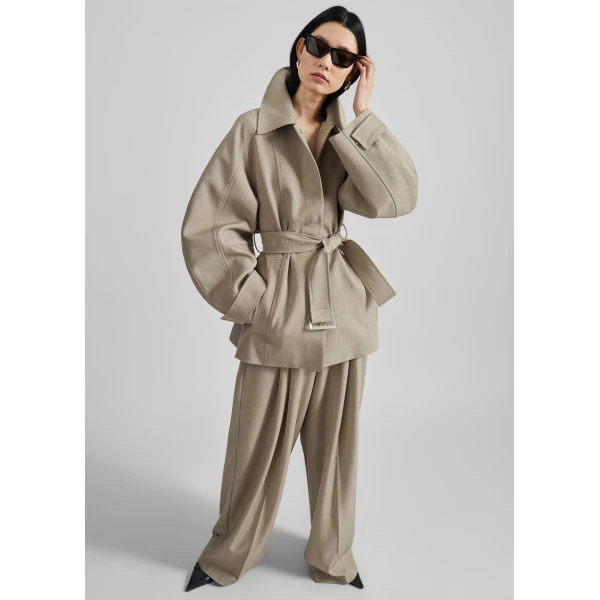 The Frankie Shop Venlo Curve Sleeve Belted Jacket - Beige - Oversized Minimalist Jackets in Beige - Shop at Luxury Shoes 