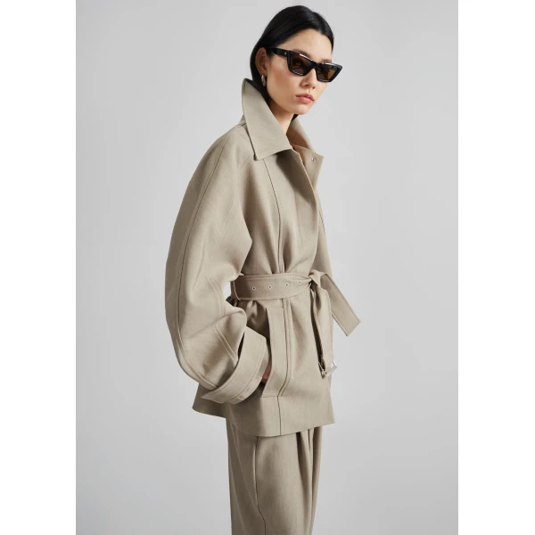 The Frankie Shop Venlo Curve Sleeve Belted Jacket - Beige - Oversized Minimalist Jackets in Beige - Shop at Luxury Shoes 