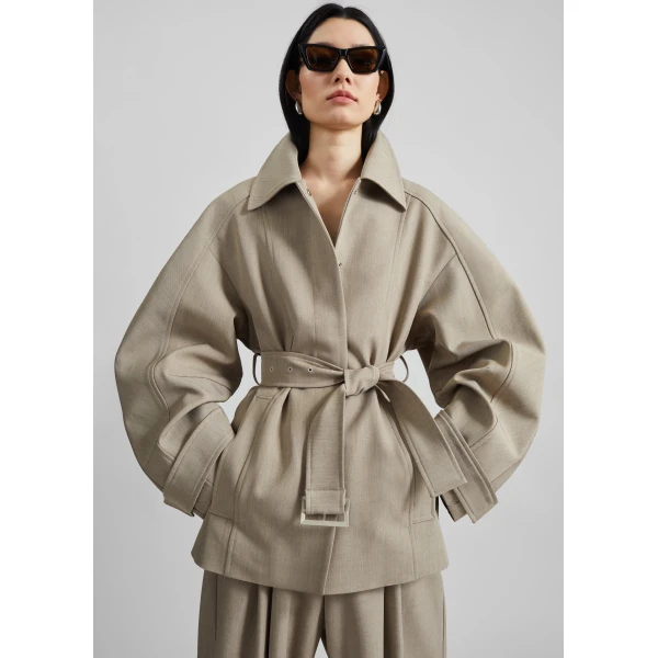 The Frankie Shop Venlo Curve Sleeve Belted Jacket - Beige - Oversized Minimalist Jackets in Beige - Shop at Luxury Shoes 
