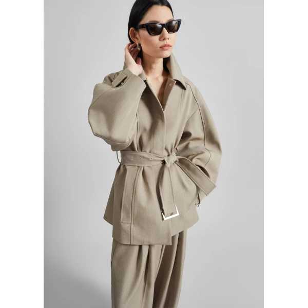 The Frankie Shop Venlo Curve Sleeve Belted Jacket - Beige - Oversized Minimalist Jackets in Beige - Shop at Luxury Shoes 