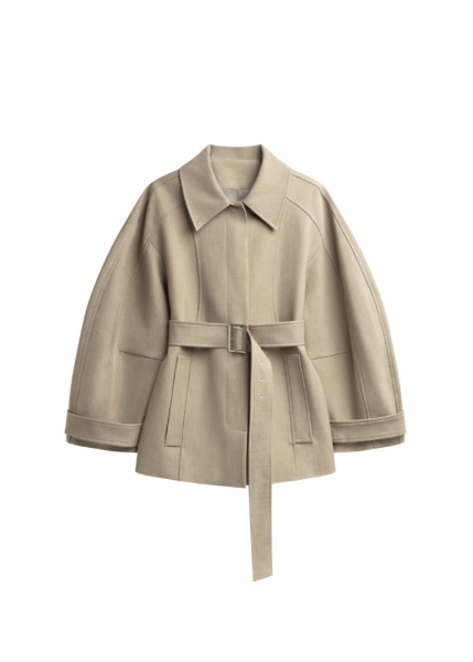 The Frankie Shop Venlo Curve Sleeve Belted Jacket - Beige - Oversized Minimalist Jackets in Beige - Shop at Luxury Shoes 