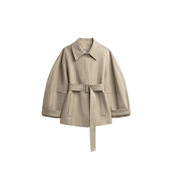 The Frankie Shop Venlo Curve Sleeve Belted Jacket - Beige - Oversized Minimalist Jackets in Beige - Shop at Luxury Shoes 