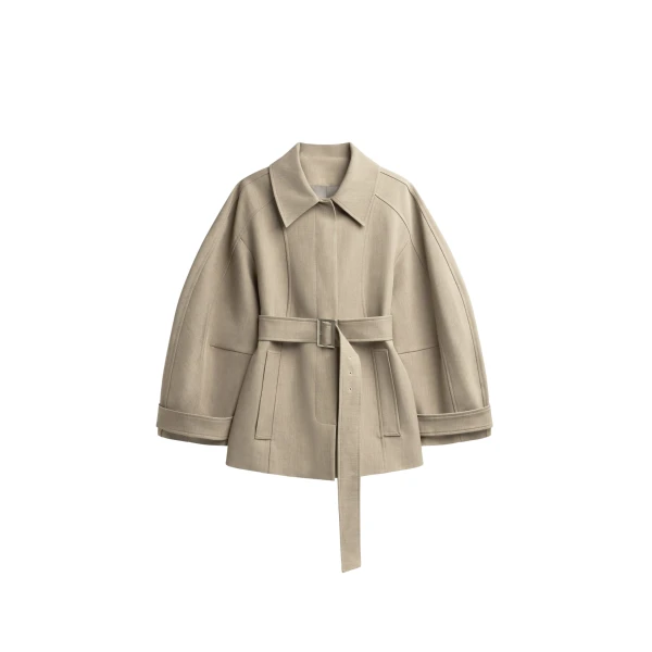 The Frankie Shop Venlo Curve Sleeve Belted Jacket - Beige - Oversized Minimalist Jackets in Beige - Shop at Luxury Shoes 