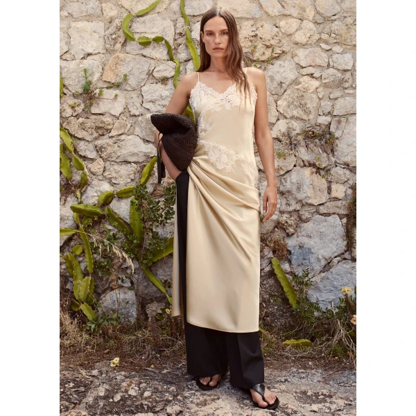 The Frankie Shop Vera Satin Maxi Dress - Vanilla Cream - Oversized Minimalist Dresses in Ivory - Shop at Luxury Shoes 