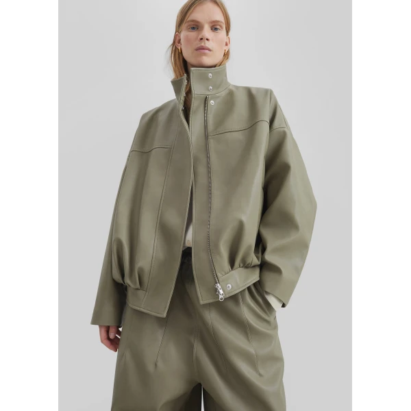 The Frankie Shop Veren Faux Leather Bomber Jacket - Sage - Oversized Minimalist Jackets in Green - Shop at Luxury Shoes 
