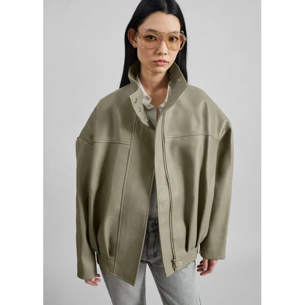 The Frankie Shop Veren Faux Leather Bomber Jacket - Sage - Oversized Minimalist Jackets in Green - Shop at Luxury Shoes 