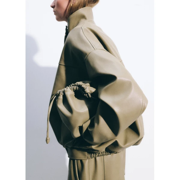 The Frankie Shop Veren Faux Leather Bomber Jacket - Sage - Oversized Minimalist Jackets in Green - Shop at Luxury Shoes 
