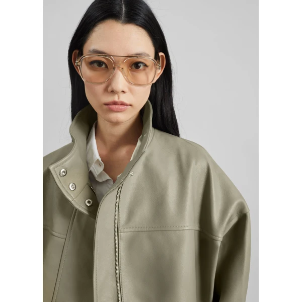 The Frankie Shop Veren Faux Leather Bomber Jacket - Sage - Oversized Minimalist Jackets in Green - Shop at Luxury Shoes 