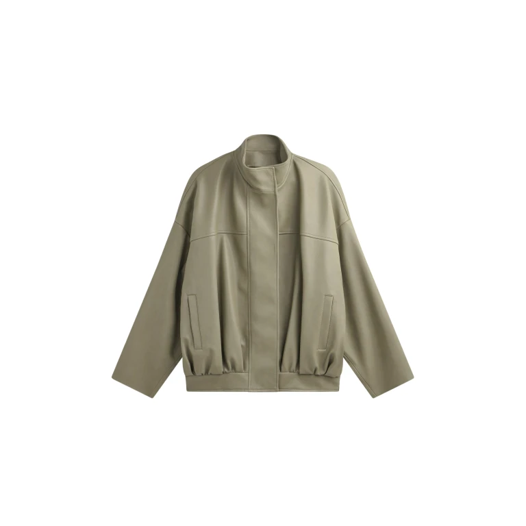 The Frankie Shop Veren Faux Leather Bomber Jacket - Sage - Oversized Minimalist Jackets in Green - Shop at Luxury Shoes 