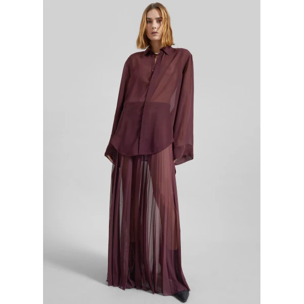 The Frankie Shop Verlin Sheer Chiffon Tie Cuff Shirt - Burgundy - Oversized Minimalist Tops in Red - Shop at Luxury Shoes 