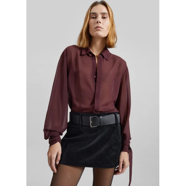 The Frankie Shop Verlin Sheer Chiffon Tie Cuff Shirt - Burgundy - Oversized Minimalist Tops in Red - Shop at Luxury Shoes 