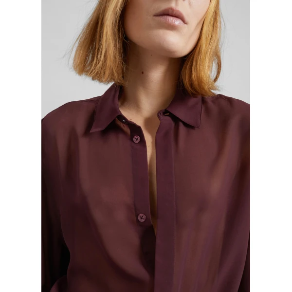 The Frankie Shop Verlin Sheer Chiffon Tie Cuff Shirt - Burgundy - Oversized Minimalist Tops in Red - Shop at Luxury Shoes 