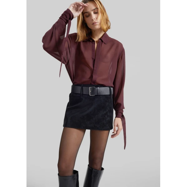 The Frankie Shop Verlin Sheer Chiffon Tie Cuff Shirt - Burgundy - Oversized Minimalist Tops in Red - Shop at Luxury Shoes 
