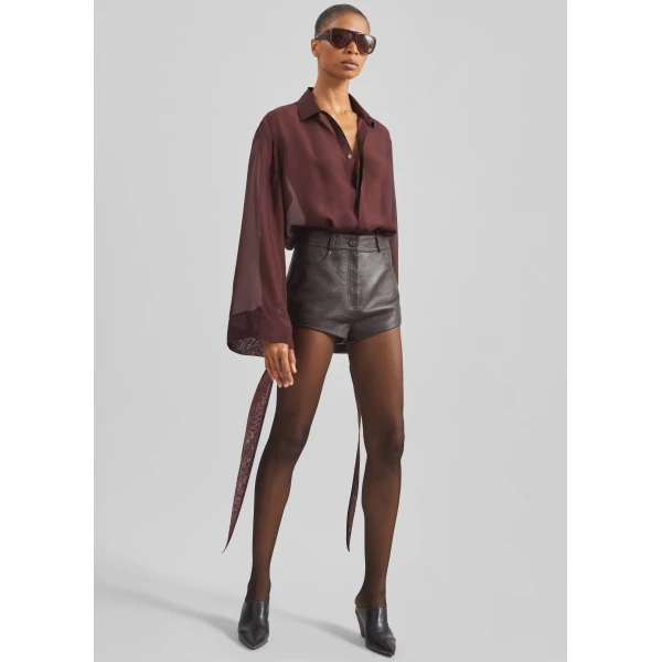 The Frankie Shop Verlin Sheer Chiffon Tie Cuff Shirt - Burgundy - Oversized Minimalist Tops in Red - Shop at Luxury Shoes 