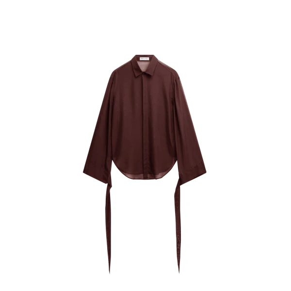 The Frankie Shop Verlin Sheer Chiffon Tie Cuff Shirt - Burgundy - Oversized Minimalist Tops in Red - Shop at Luxury Shoes 