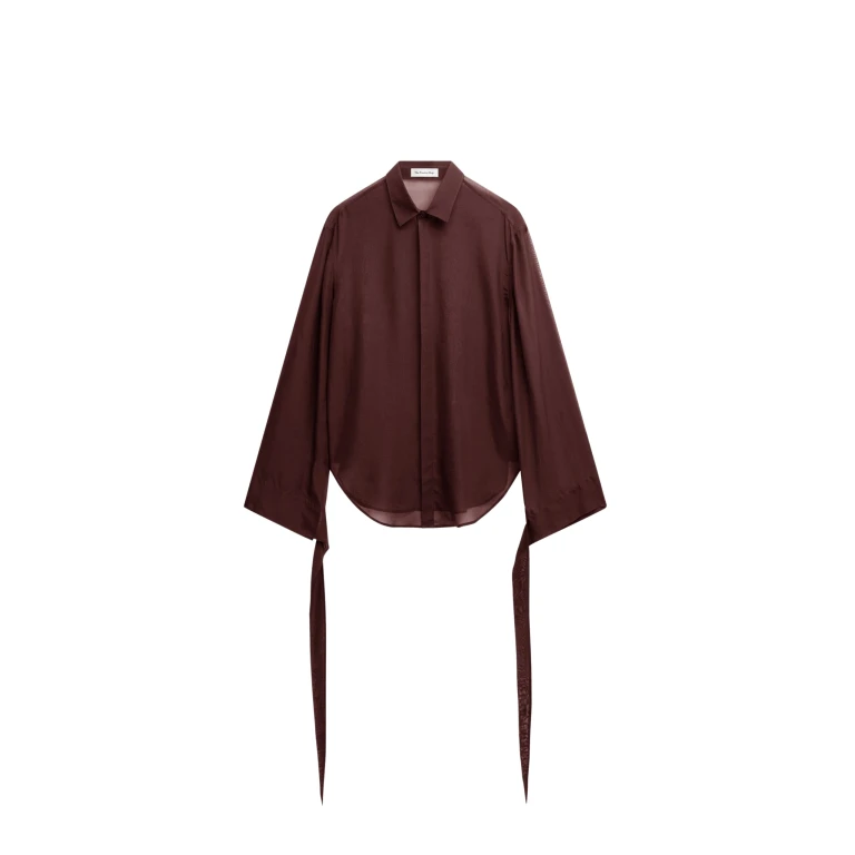 The Frankie Shop Verlin Sheer Chiffon Tie Cuff Shirt - Burgundy - Oversized Minimalist Tops in Red - Shop at Luxury Shoes 