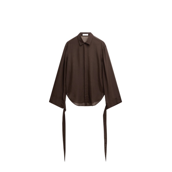 The Frankie Shop Verlin Sheer Chiffon Tie Cuff Shirt - Dark Brown - Oversized Minimalist Tops in Beige - Shop at Luxury Shoes 