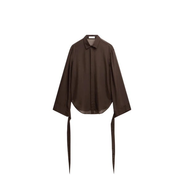 The Frankie Shop Verlin Sheer Chiffon Tie Cuff Shirt - Dark Brown - Oversized Minimalist Tops in Beige - Shop at Luxury Shoes 
