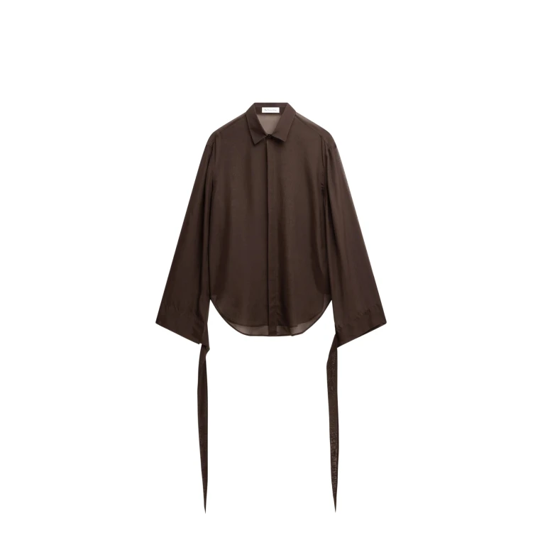 The Frankie Shop Verlin Sheer Chiffon Tie Cuff Shirt - Dark Brown - Oversized Minimalist Tops in Beige - Shop at Luxury Shoes 