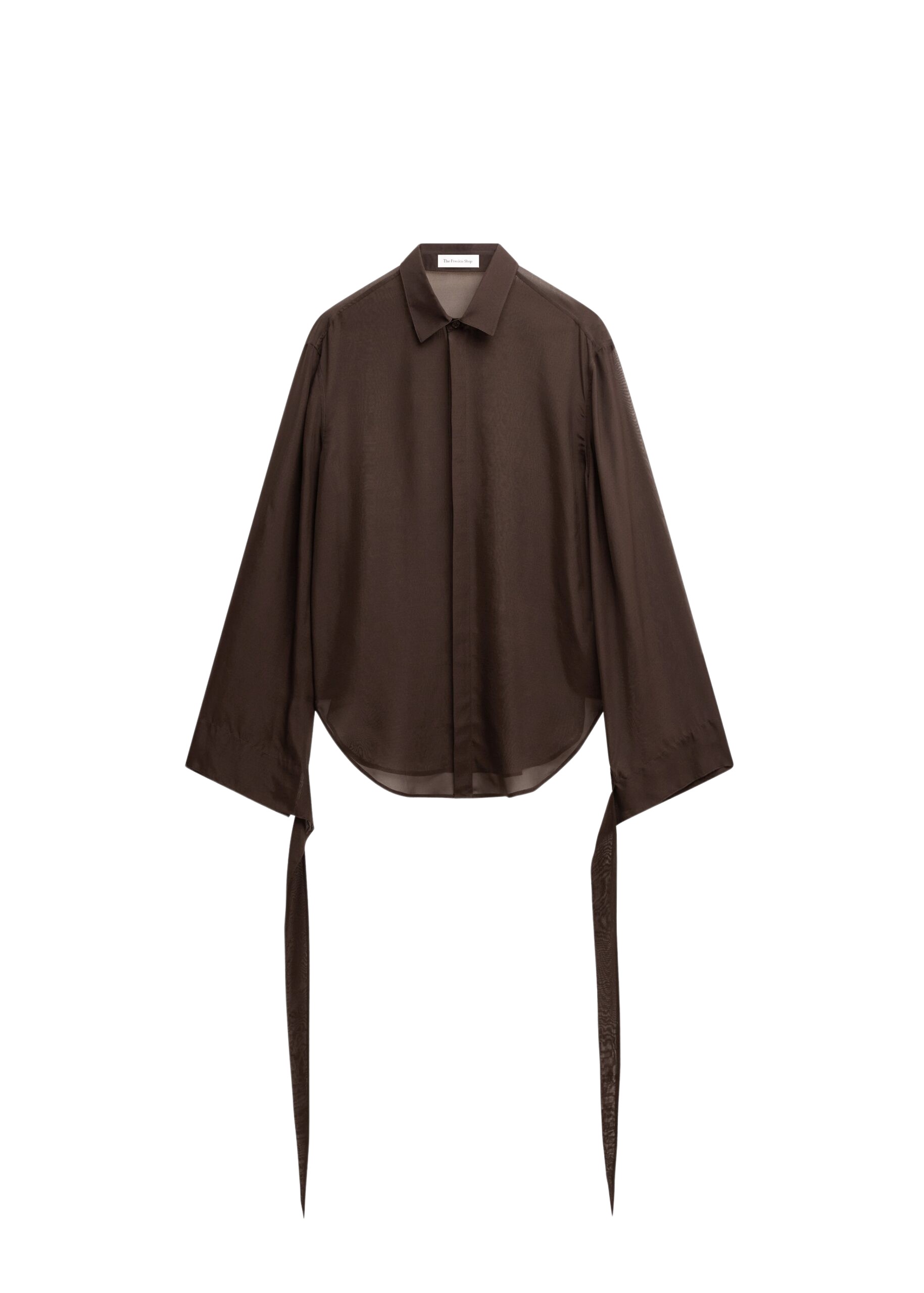 The Frankie Shop Verlin Sheer Chiffon Tie Cuff Shirt - Dark Brown - Oversized Minimalist Tops in Beige - Shop at Luxury Shoes 