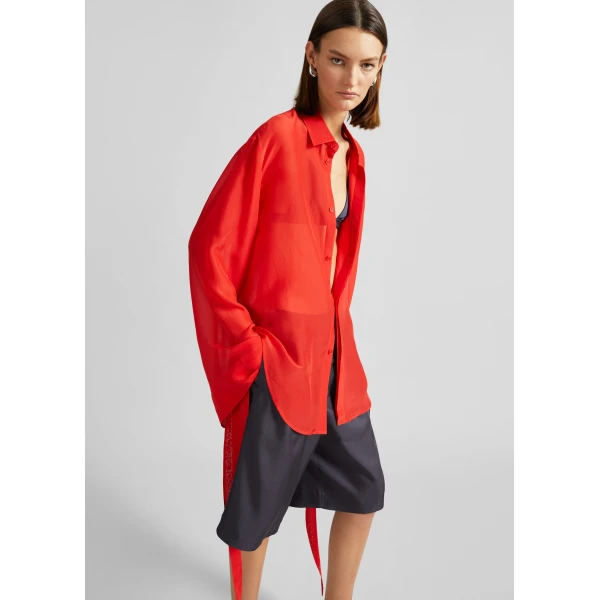 The Frankie Shop Verlin Sheer Chiffon Tie Cuff Shirt - Red - Oversized Minimalist Tops in Red - Shop at Luxury Shoes 