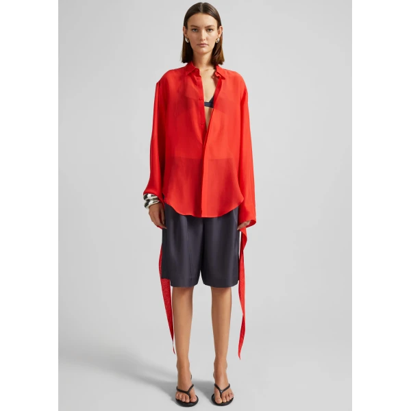 The Frankie Shop Verlin Sheer Chiffon Tie Cuff Shirt - Red - Oversized Minimalist Tops in Red - Shop at Luxury Shoes 