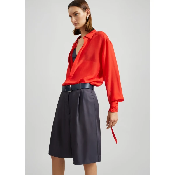 The Frankie Shop Verlin Sheer Chiffon Tie Cuff Shirt - Red - Oversized Minimalist Tops in Red - Shop at Luxury Shoes 