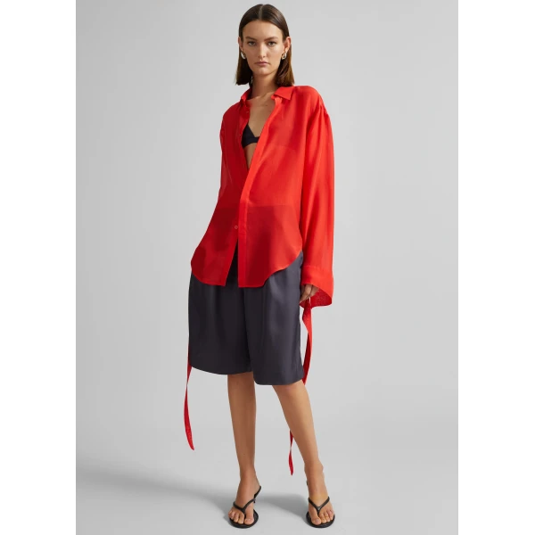 The Frankie Shop Verlin Sheer Chiffon Tie Cuff Shirt - Red - Oversized Minimalist Tops in Red - Shop at Luxury Shoes 
