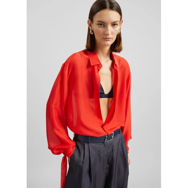 The Frankie Shop Verlin Sheer Chiffon Tie Cuff Shirt - Red - Oversized Minimalist Tops in Red - Shop at Luxury Shoes 