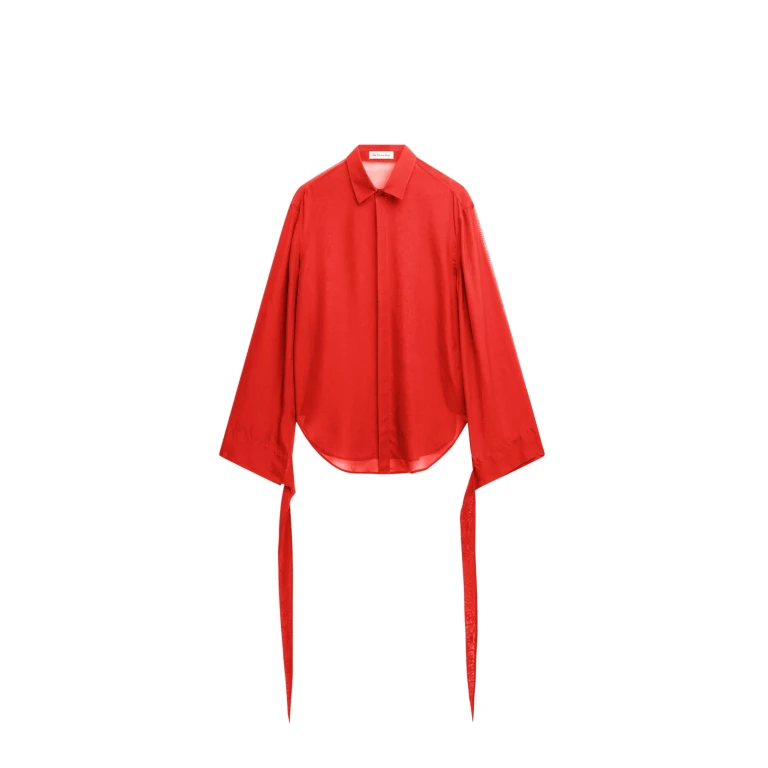 The Frankie Shop Verlin Sheer Chiffon Tie Cuff Shirt - Red - Oversized Minimalist Tops in Red - Shop at Luxury Shoes 