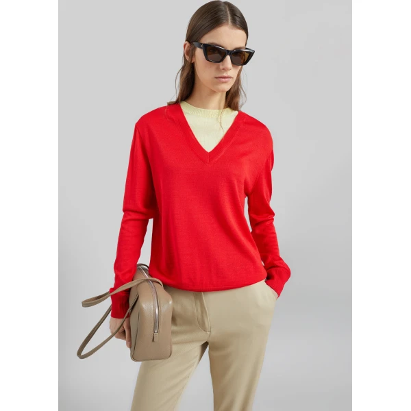 The Frankie Shop Vernon Layered Knit Pullover - Red - Oversized Minimalist Knitwear in Red - Shop at Luxury Shoes 
