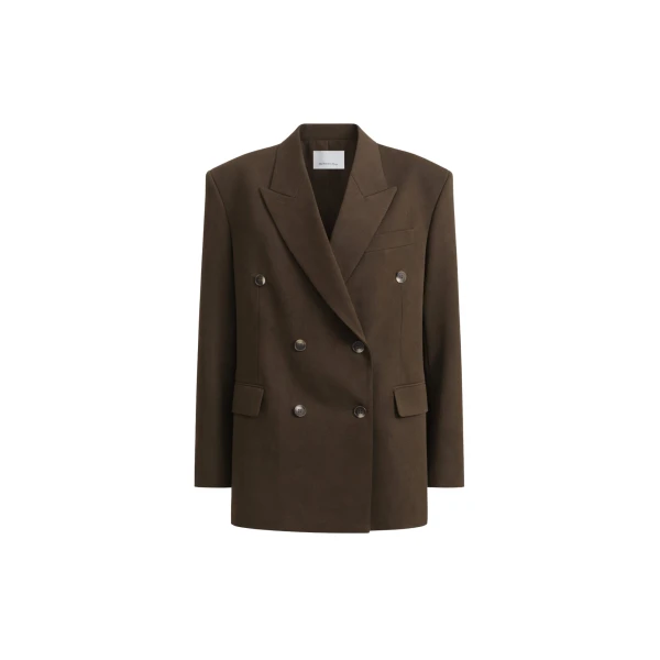 The Frankie Shop Vester Double-Breasted Blazer - Brown - Oversized Minimalist Jackets in Beige - Shop at Luxury Shoes 