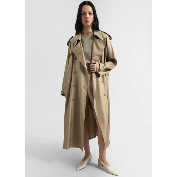 The Frankie Shop Veyron Silk Trench - Beige - Oversized Minimalist Coats in Beige - Shop at Luxury Shoes 