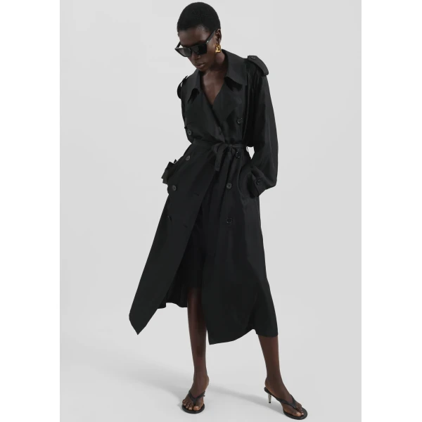 The Frankie Shop Veyron Silk Trench - Black - Oversized Minimalist Coats in Black - Shop at Luxury Shoes 