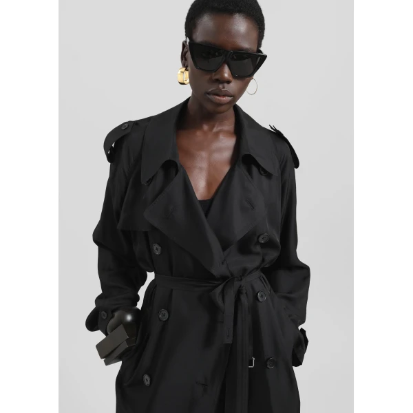 The Frankie Shop Veyron Silk Trench - Black - Oversized Minimalist Coats in Black - Shop at Luxury Shoes 