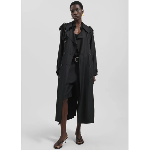 The Frankie Shop Veyron Silk Trench - Black - Oversized Minimalist Coats in Black - Shop at Luxury Shoes 
