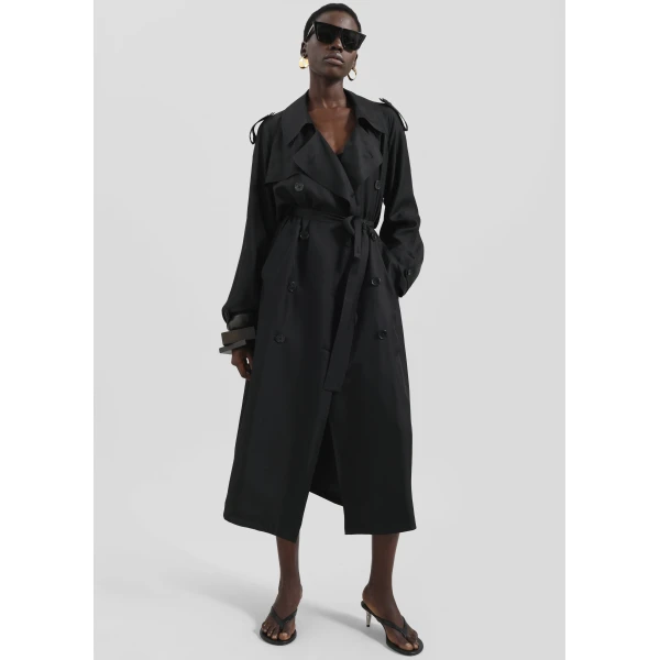 The Frankie Shop Veyron Silk Trench - Black - Oversized Minimalist Coats in Black - Shop at Luxury Shoes 