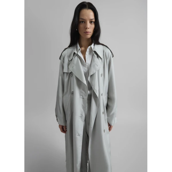The Frankie Shop Veyron Silk Trench - Grey - Oversized Minimalist Coats in Grey - Shop at Luxury Shoes 