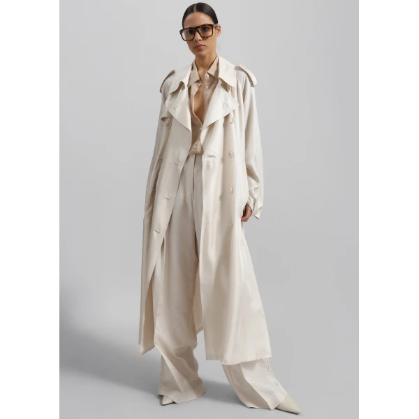 The Frankie Shop Veyron Silk Trench - Ivory - Oversized Minimalist Coats in Ivory - Shop at Luxury Shoes 
