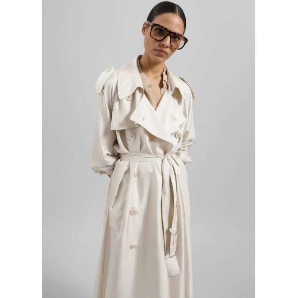 The Frankie Shop Veyron Silk Trench - Ivory - Oversized Minimalist Coats in Ivory - Shop at Luxury Shoes 