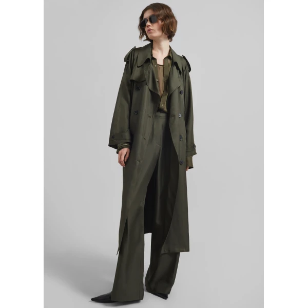 The Frankie Shop Veyron Silk Trench - Khaki - Oversized Minimalist Coats in Green - Shop at Luxury Shoes 