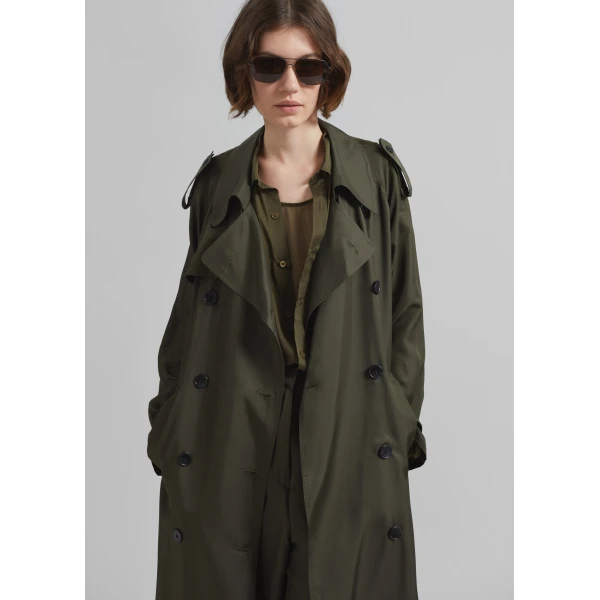 The Frankie Shop Veyron Silk Trench - Khaki - Oversized Minimalist Coats in Green - Shop at Luxury Shoes 