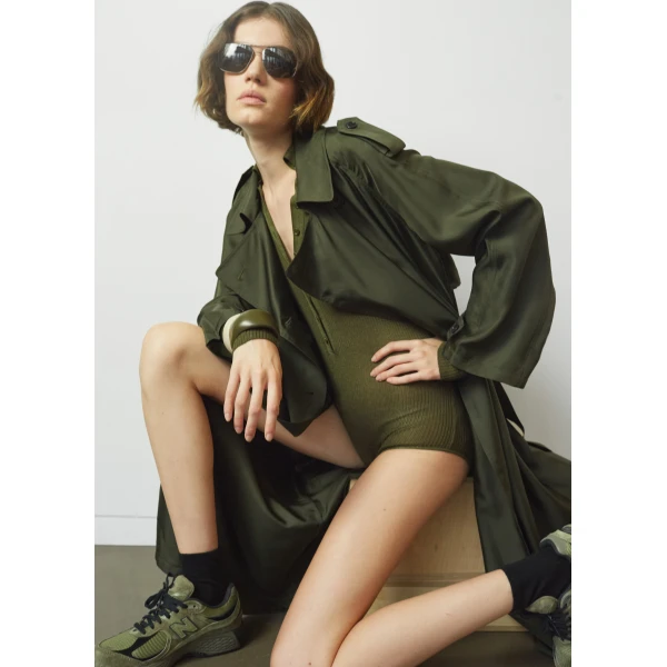 The Frankie Shop Veyron Silk Trench - Khaki - Oversized Minimalist Coats in Green - Shop at Luxury Shoes 