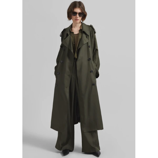 The Frankie Shop Veyron Silk Trench - Khaki - Oversized Minimalist Coats in Green - Shop at Luxury Shoes 