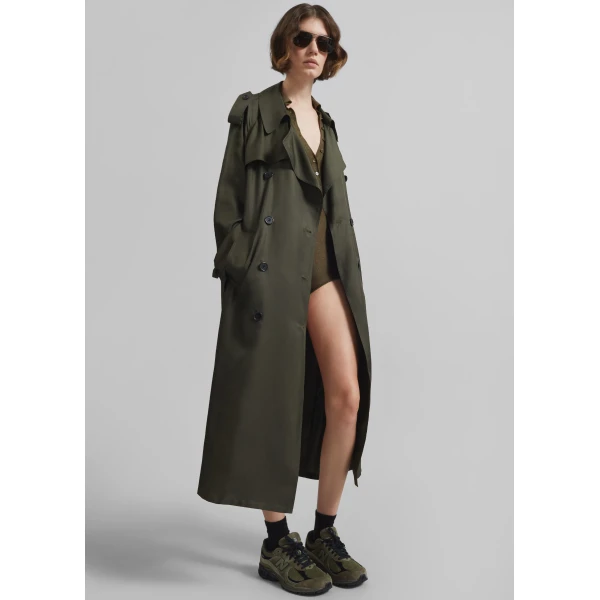 The Frankie Shop Veyron Silk Trench - Khaki - Oversized Minimalist Coats in Green - Shop at Luxury Shoes 