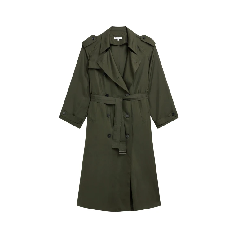 The Frankie Shop Veyron Silk Trench - Khaki - Oversized Minimalist Coats in Green - Shop at Luxury Shoes 