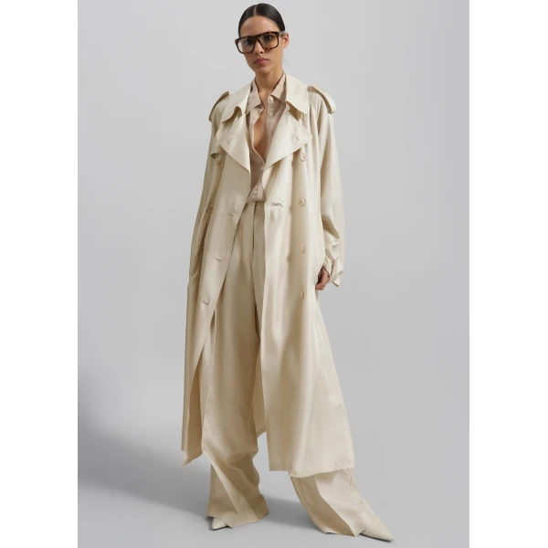 The Frankie Shop Veyron Silk Trench - Light Beige - Oversized Minimalist Coats in Beige - Shop at Luxury Shoes 